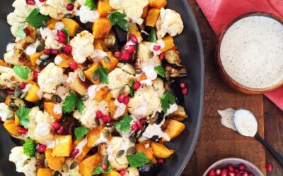 Roasted Cauliflower, Eggplant and Pumpkin with Lemon Tahina Dressing