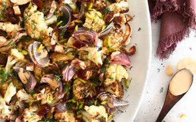Roast Cauliflower with Dates, Dill, Pistachios & Harissa Dressing