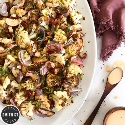 Roast Cauliflower with Dates, Dill, Pistachios & Harissa Dressing